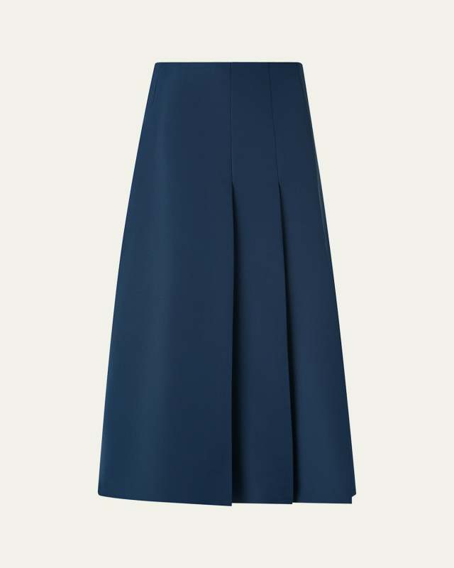 Pleated Ottoman Silk Midi A-Line Skirt